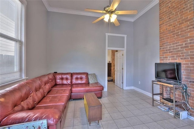 tiled living room featuring ceiling fan and crown molding