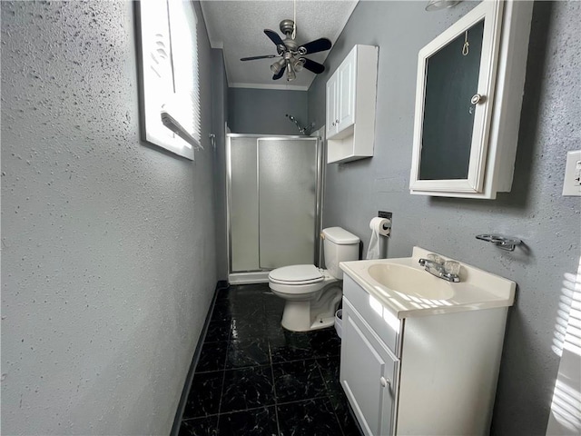 bathroom with vanity, a textured ceiling, walk in shower, and ornamental molding