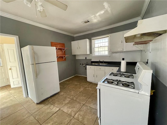 kitchen featuring white appliances, ventilation hood, crown molding, white cabinets, and light tile patterned flooring