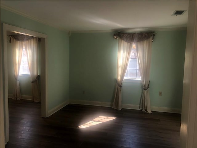 spare room with a wealth of natural light, dark wood-style flooring, and visible vents