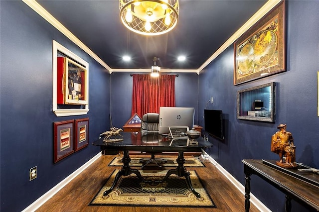 office space featuring crown molding and hardwood / wood-style floors