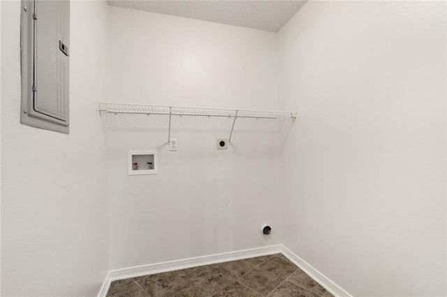 laundry room featuring hookup for an electric dryer, electric panel, tile patterned floors, and hookup for a washing machine