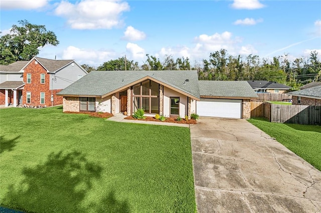 view of front of property with a garage and a front lawn