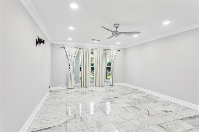 spare room featuring ceiling fan and ornamental molding