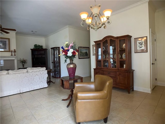 tiled living room featuring ceiling fan with notable chandelier and crown molding