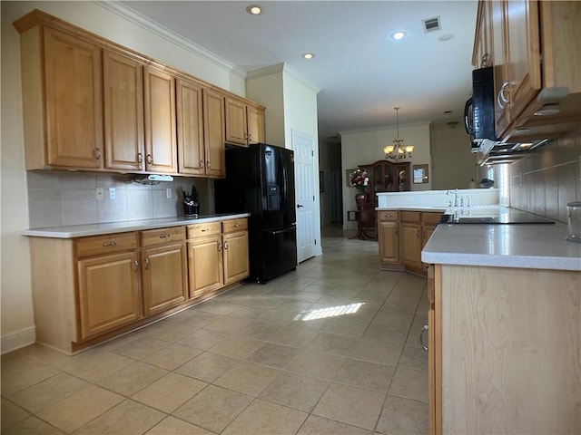 kitchen featuring kitchen peninsula, decorative light fixtures, decorative backsplash, light tile patterned flooring, and black appliances