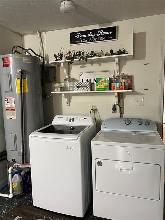 laundry area with a textured ceiling, electric water heater, and washer and clothes dryer