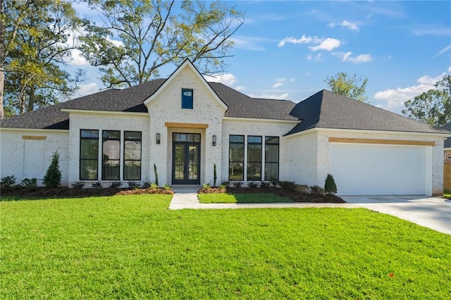 view of front of property featuring french doors, a garage, and a front lawn