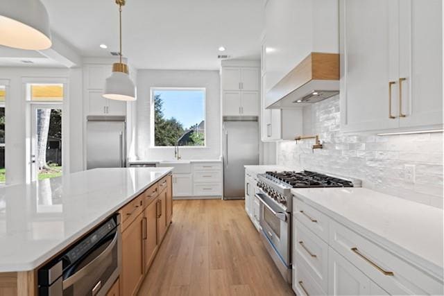 kitchen with pendant lighting, premium range hood, light hardwood / wood-style floors, white cabinetry, and stainless steel appliances