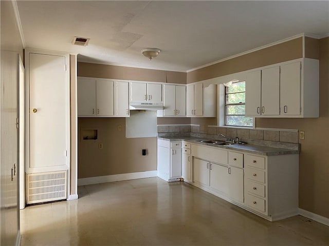 kitchen featuring white cabinets, crown molding, and sink