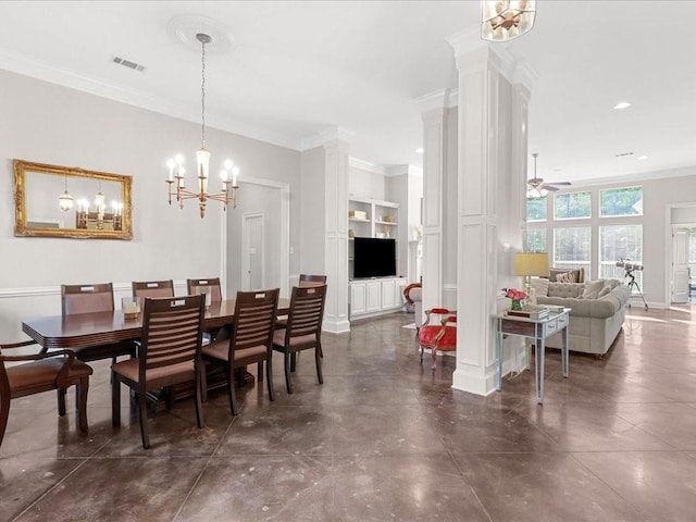 dining area with built in shelves, crown molding, and ceiling fan with notable chandelier