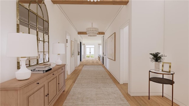 hallway with beam ceiling, a notable chandelier, and light wood-type flooring