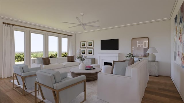 living room featuring ceiling fan, crown molding, and wood-type flooring