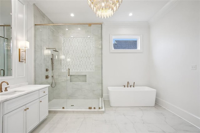 bathroom with vanity, crown molding, plus walk in shower, and an inviting chandelier