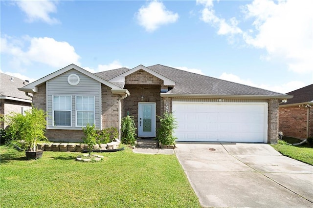 single story home featuring a front yard and a garage