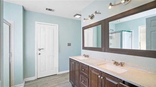 bathroom with vanity, wood-type flooring, and walk in shower