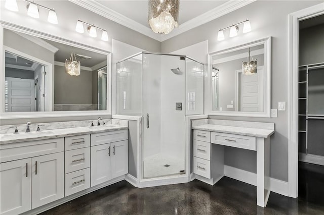 bathroom featuring an enclosed shower, concrete flooring, ornamental molding, and vanity