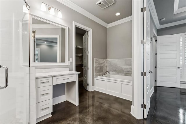 bathroom featuring ornamental molding, vanity, and shower with separate bathtub