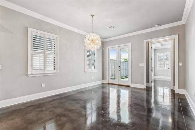 unfurnished room featuring french doors, an inviting chandelier, and crown molding