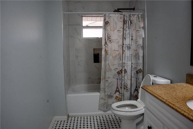 full bathroom featuring toilet, vanity, and shower / tub combo with curtain