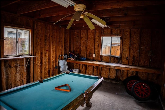 playroom with ceiling fan, plenty of natural light, and billiards