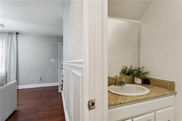 bathroom with vanity and wood-type flooring