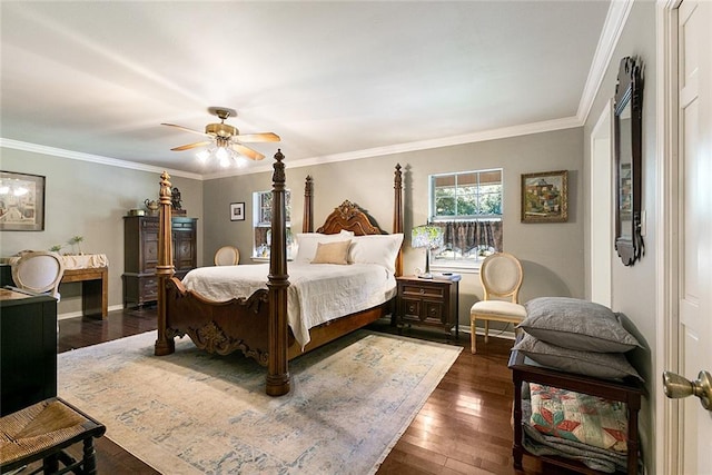 bedroom featuring a ceiling fan, baseboards, ornamental molding, and dark wood-style flooring