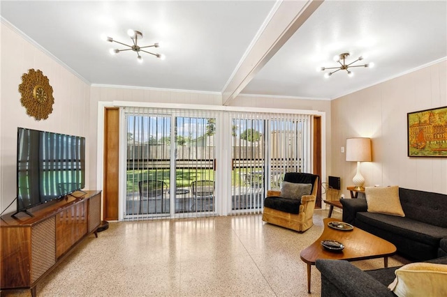 living room featuring beamed ceiling, crown molding, and a notable chandelier