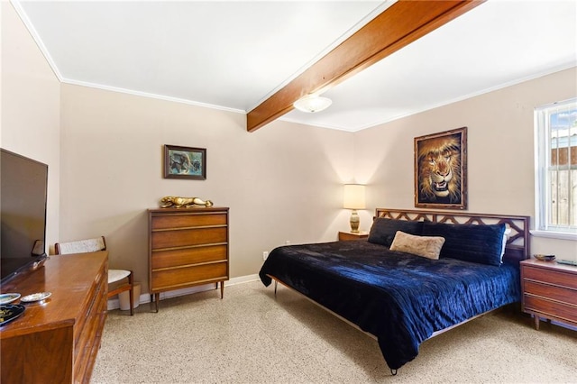 bedroom featuring beamed ceiling and ornamental molding