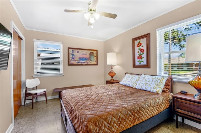 bedroom with multiple windows, crown molding, and ceiling fan