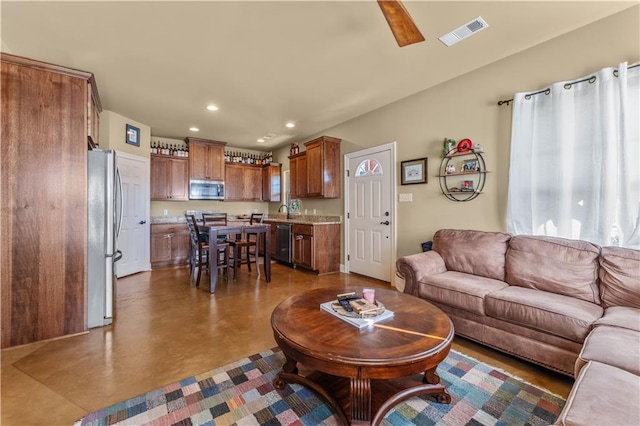 living room with sink