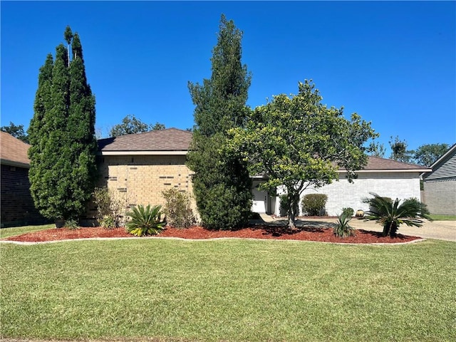 obstructed view of property with a front lawn