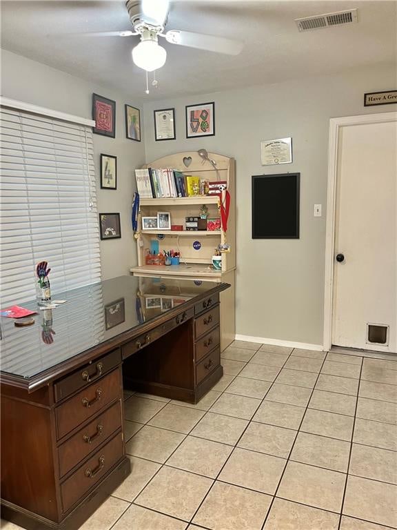 tiled office with ceiling fan