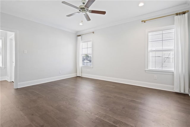 unfurnished room featuring crown molding, ceiling fan, and dark hardwood / wood-style floors