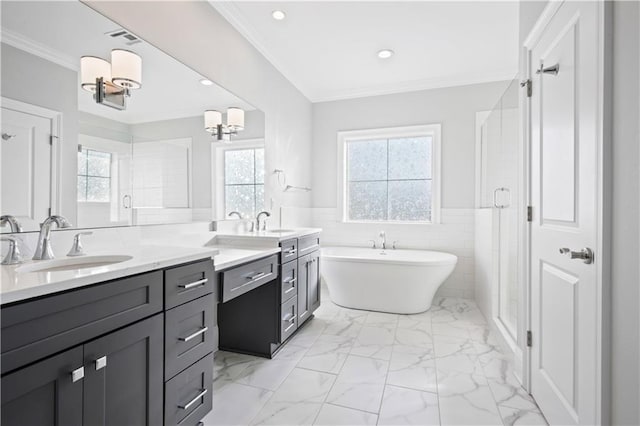 bathroom featuring ornamental molding, tile walls, plus walk in shower, and a chandelier