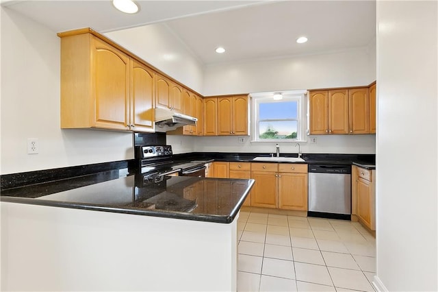 kitchen with dishwasher, sink, dark stone countertops, black range with electric cooktop, and kitchen peninsula