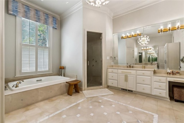 bathroom featuring crown molding, tile patterned flooring, vanity, and shower with separate bathtub