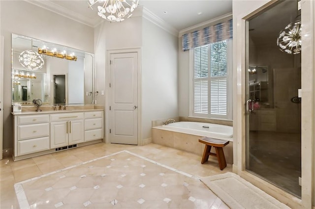 bathroom with vanity, tile patterned floors, separate shower and tub, ornamental molding, and a notable chandelier