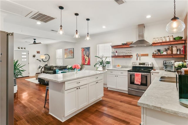 kitchen with white cabinetry, electric range, wall chimney exhaust hood, and dark wood-type flooring