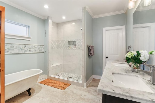 bathroom featuring crown molding, vanity, and shower with separate bathtub