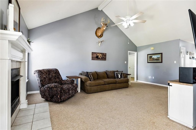 living room with beamed ceiling, ceiling fan, light carpet, and high vaulted ceiling