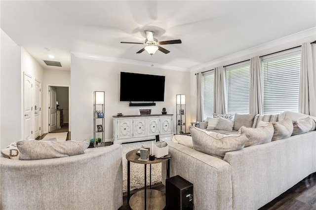 living room featuring ceiling fan and dark hardwood / wood-style floors