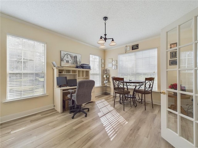1024 Claire Dr, Slidell, LA 70461 - home office featuring crown molding, a textured ceiling, light wood-style floors, and a chandelier
