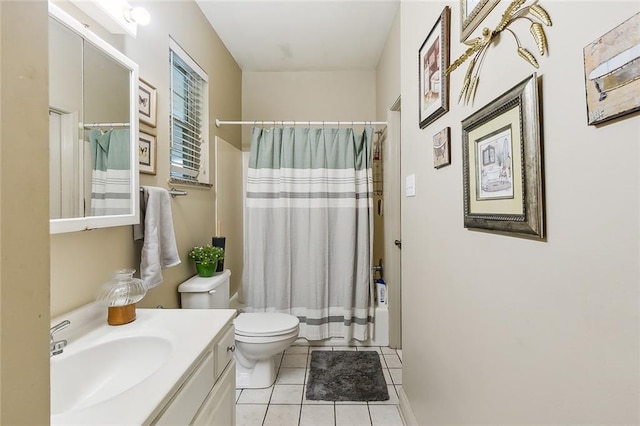 full bathroom with shower / bathtub combination with curtain, tile patterned flooring, vanity, and toilet