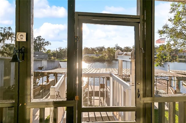 entryway featuring a water view