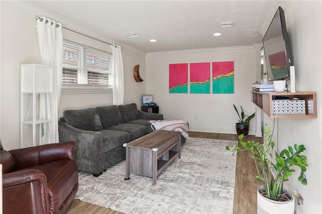 living room featuring crown molding and wood-type flooring