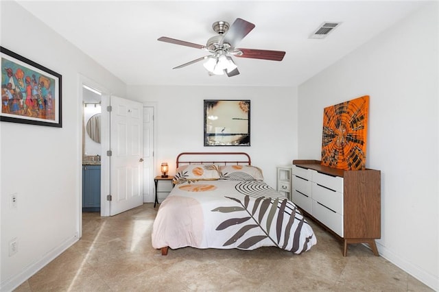 bedroom with connected bathroom and ceiling fan