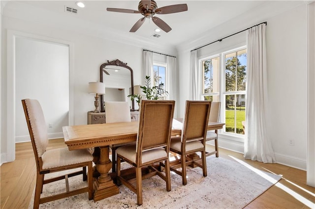 dining room featuring ceiling fan and light hardwood / wood-style flooring