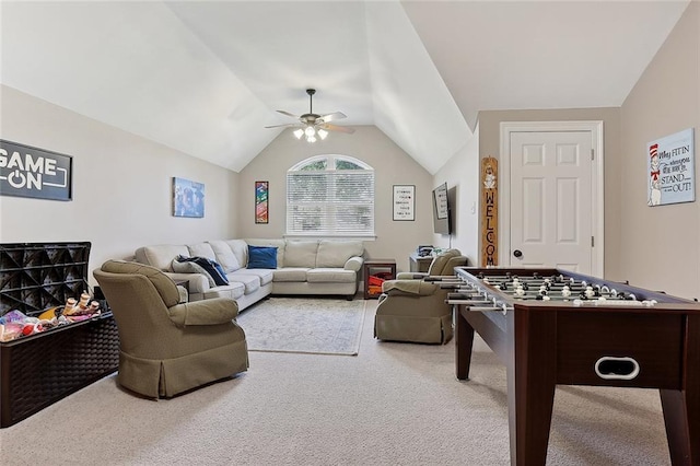 rec room featuring lofted ceiling, carpet floors, and ceiling fan