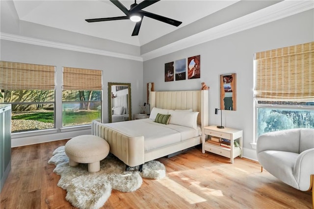 bedroom featuring ceiling fan, hardwood / wood-style floors, and crown molding